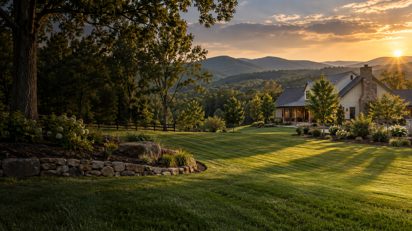 Landscaped North Georgia property at sunset